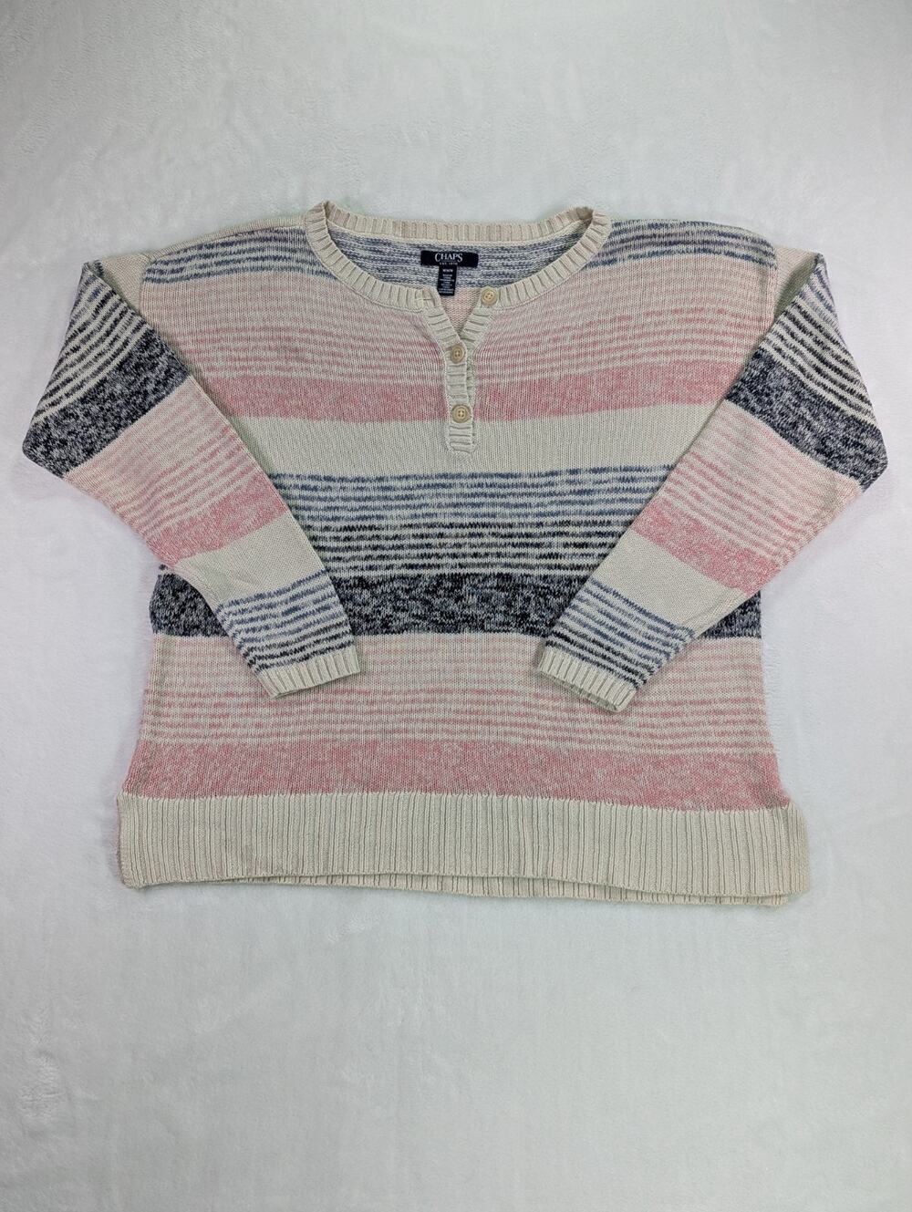 Chaps Linen Cotton Henley Sweater Womens M Striped Pink Blue Cream Knit Pullover